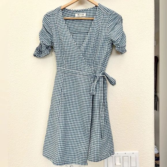 Madewell Gingham Shirred -Sleeve Wrap Dress in Blue & White Size XXS linen blend - Picture 10 of 15